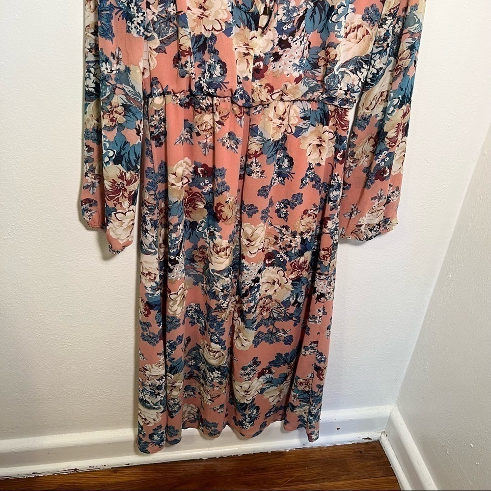 Wayf Women's Size Small Midi Dress Light Pink Teal Beige Floral Long Sleeve - Picture 4 of 14